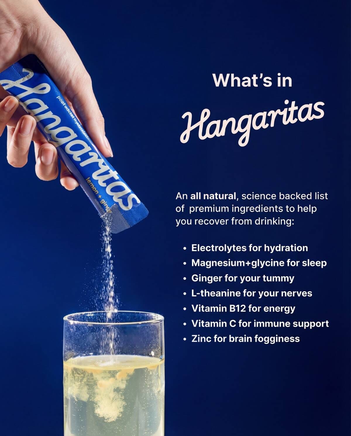 Hangaritas hangover recovery drink with magnesium glycinate for sleep and L-theanine for next day nerves